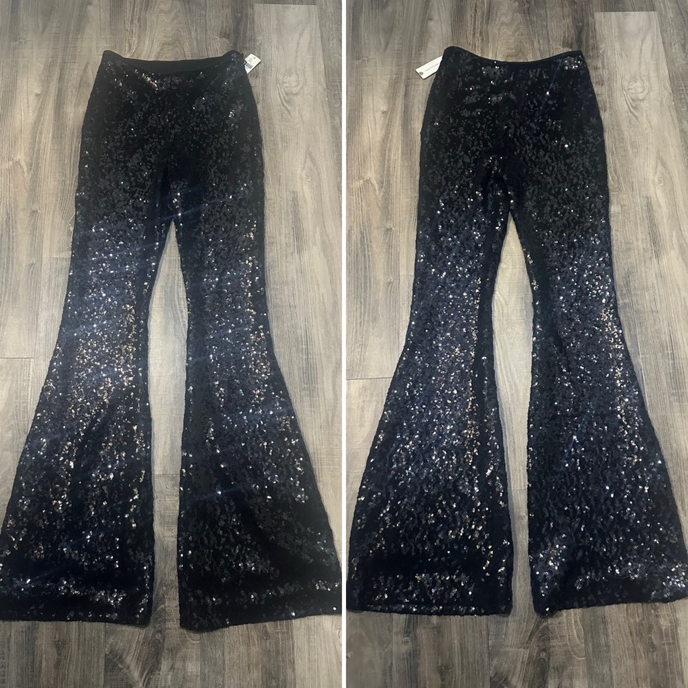 Anthropologie Black Sequin Flare Pants 0 - Picture 4 of 9
